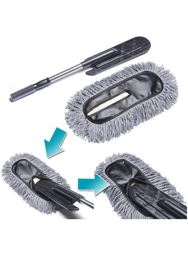 فرشاة غسيل السيارات مع ممسحة ومقبض تلسكوبي، مصنوعة من ألياف دقيقة ناعمة مقاومة للخدش، رأس قابل للإزالة، أداة تنظيف داخلية وخارجية للسيارات، للعناية المنزلية والتفاصيل، قابلة للتمديد من 70 سم إلى 85 سم - Image 1